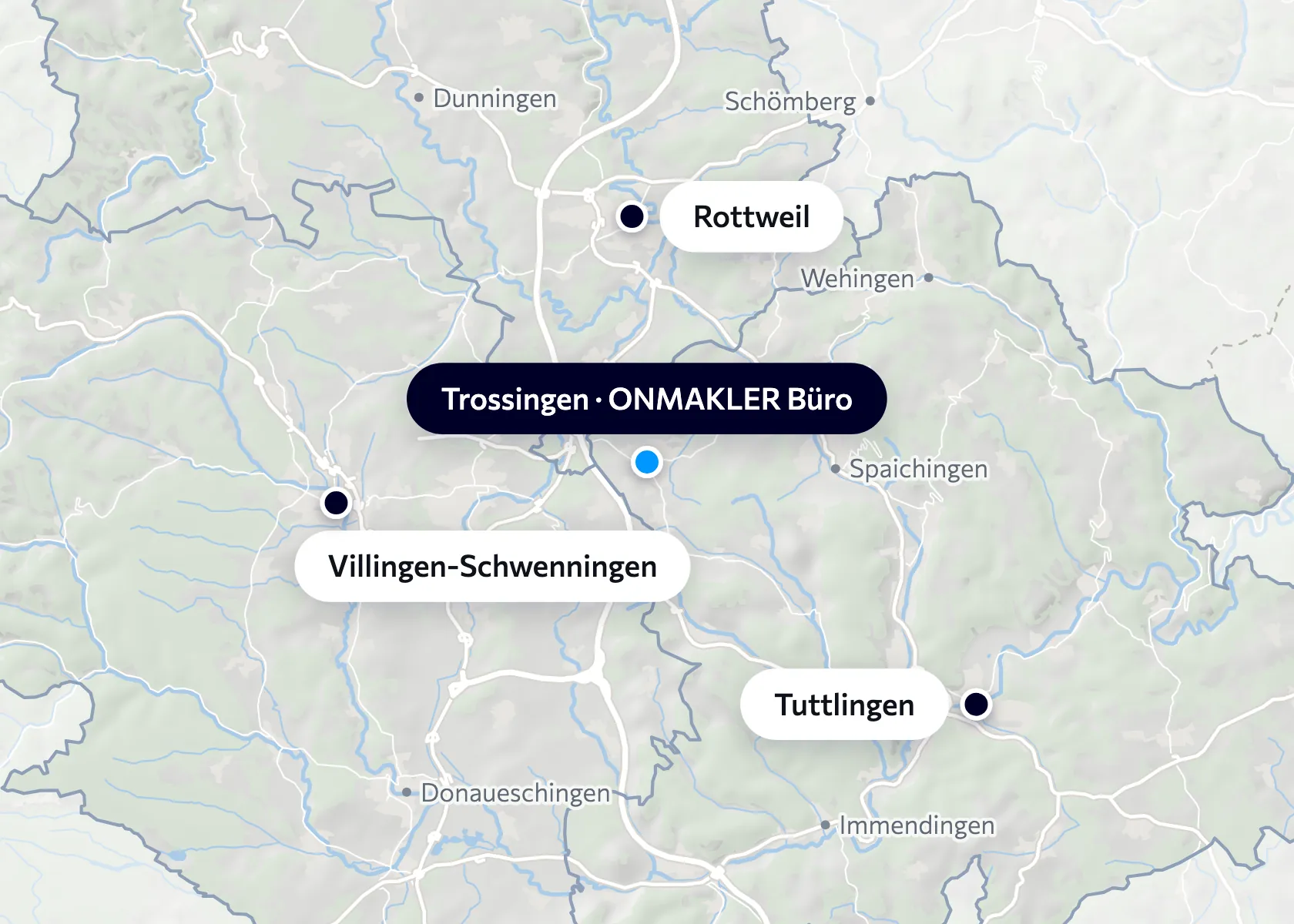 Karte der Region mit dem ONMAKLER Büro in Trossingen und den Städten Rottweil, Villingen-Schwenningen und Tuttlingen