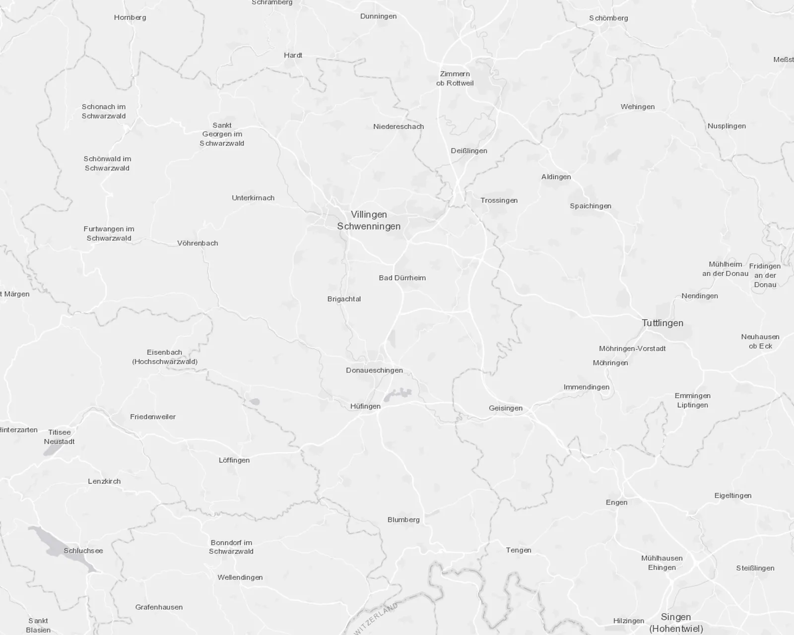 Kartenausschnitt der Region Schwarzwald-Baar, Tuttlingen und Rottweil