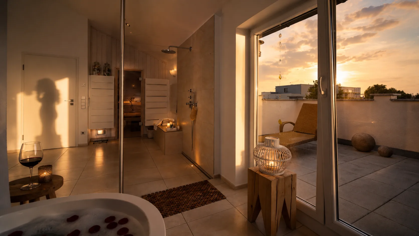 Wellnessbad im Abendlicht mit Blick auf die Dachterrasse